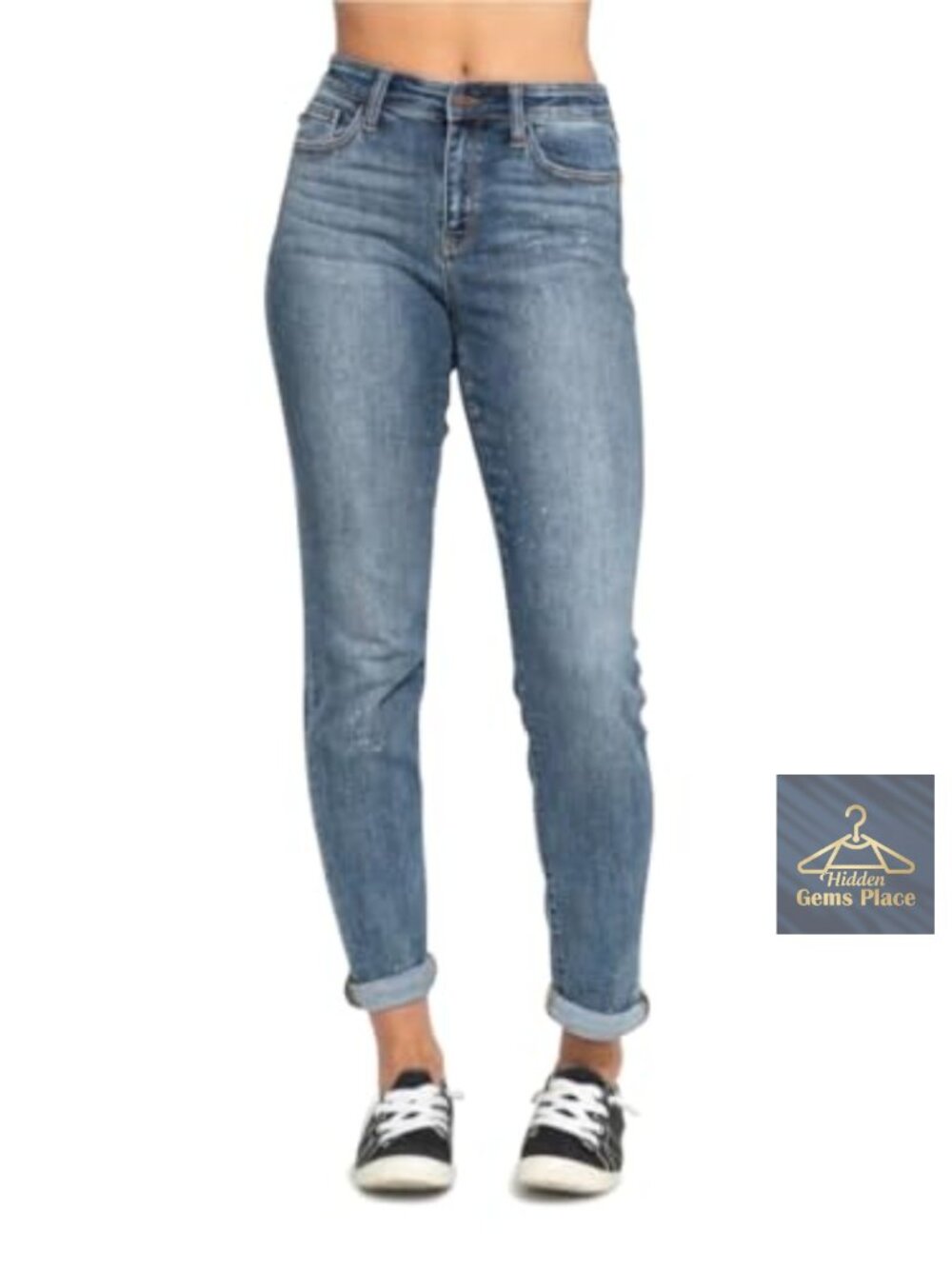 High Rise Bleach Splash Boyfriend Jeans Straight Leg Stretch Cotton Blend